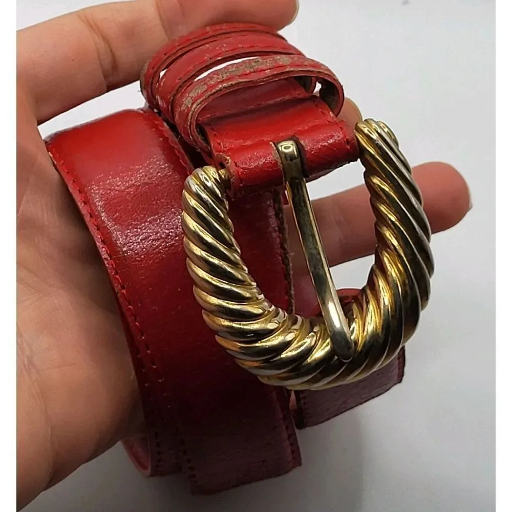 Vintage Cipriani red cow hide leather belt w/ gold buckle Large 29in-34in